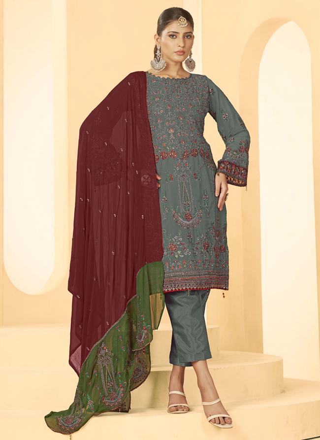 Georgette Grey Party Wear Embroidery Work Straight Suit